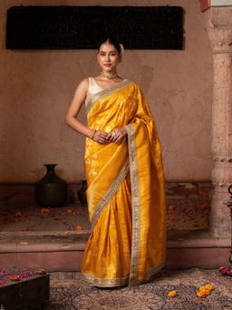 Zal from Benaras - Yellow Pure Katan Banarasi Handloom Saree with Unstitched Blouse