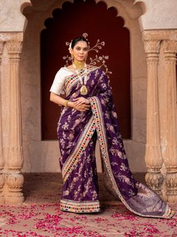 Zal from Benaras - Dark Purple Pure Katan Silk Banarasi Handloom Saree with Unstitched Blouse
