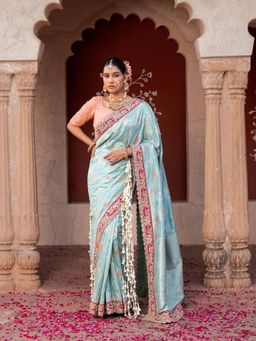Zal from Benaras - Sky Blue Pure Katan Silk Banarasi Handloom Saree with Unstitched Blouse