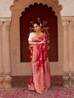 Zal from Benaras - Red Pure katan Silk Banarasi Handloom Saree with Unstitched Blouse