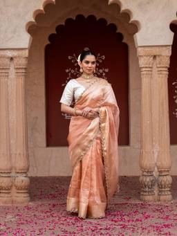 Zal from Benaras - Peach Pure Tissue Silk Banarasi Handloom Saree with Unstitched Blouse