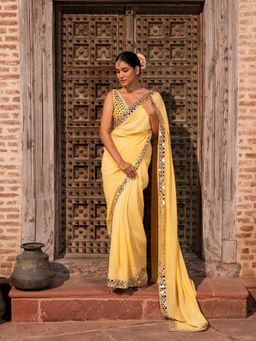 Zal from Benaras - Butter yellow Pure Georgette Handloom Mirror Work Saree with Unstitched Blouse