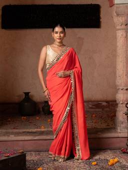 Zal from Benaras - Coral Orange Pure Georgette Handloom Mirror Work Saree with Unstitched Blouse