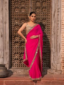 Zal from Benaras - Fuchsia Pink Pure Georgette Handloom Mirror Work Saree with Unstitched Blouse