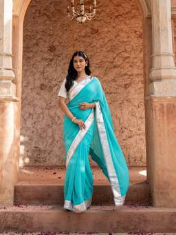 Zal from Benaras - Sky Blue Pure Georgette Handloom Gota Patti Saree with Unstitched Blouse