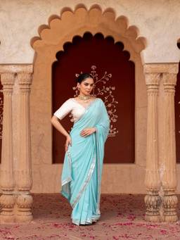 Zal from Benaras - Sky Blue Pure Georgette Handloom Mirror Work Saree with Unstitched Blouse
