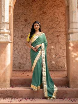 Zal from Benaras - Sage Green Pure Georgette Handloom Gota Patti Saree with Unstitched Blouse