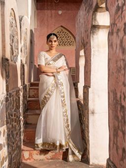 Zal from Benaras - Off White Pure Organza Handloom Gota Patti Saree with Unstitched Blouse