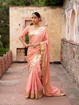 Zal from Benaras - Peach Pure Tissue Handloom Gota Patti Saree with Unstitched Blouse