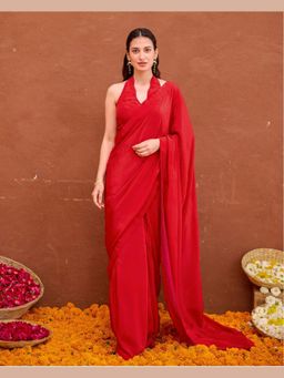 Taro India - Red Aarza Saree With Stitched Blouse