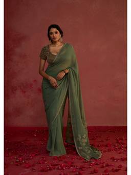 Rhua India - Olive Anaira Saree with Stitched Blouse and Petticoat
