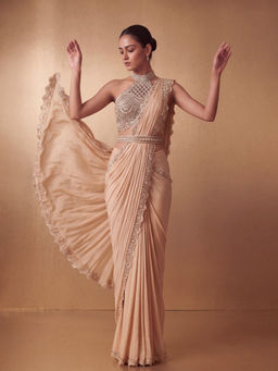 "Two Sisters" by Gyans - Gold Champagne Hand-Embroidered Saree With Blouse