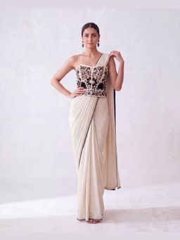 "Two Sisters" by Gyans - Ivory Floral Thread Embroidered Corset-Draped Saree With Blouse