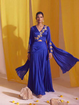 "Two Sisters" by Gyans - Royal Blue Dimensional Metallic Floral Accented Lehenga With Blouse