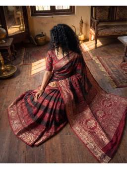 House of Bindiya - Maroon Marqesh Ajrakh Hand Block Dola Silk Saree With Unstitched Blouse