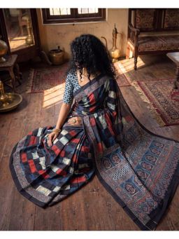 House of Bindiya - Indigo Samah Ajrakh Hand Block Modal Saree With Unstitched Blouse