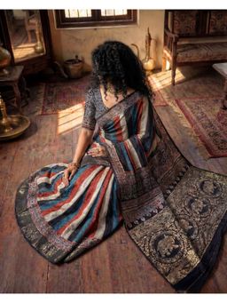 House of Bindiya - Multicolor Samat Ajrakh Hand Block Dola Silk Saree With Unstitched Blouse