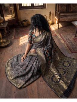 House of Bindiya - Black Syahrah Ajrakh Hand Block Dola Silk Saree With Unstitched Blouse