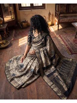 House of Bindiya - Black Waraq Ajrakh Hand Block Dola Silk Saree With Unstitched Blouse