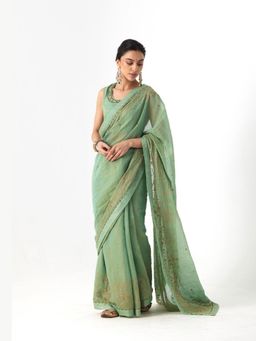 Rhua India - Green Krisha Saree with Stitched Blouse and Petticoat