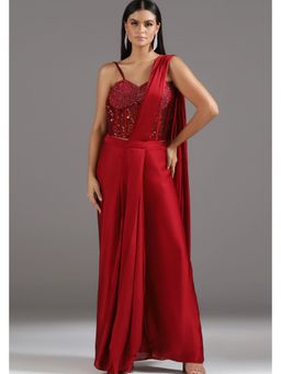 "Two Sisters" by Gyans - Women Red Georgette Pre-draped Saree with Stitched Blouse