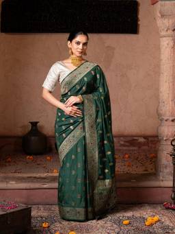 Zal from Benaras - Bottle Green Pure Katan silk Banarasi Handloom Saree with Unstitched Blouse