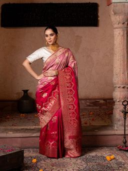 Zal from Benaras - Red Motif Pure Katan silk Banarasi Handloom Saree with Unstitched Blouse