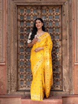 Zal from Benaras - Mustard Yellow Pure Katan Silk Banarasi Handloom Saree with Unstitched Blouse