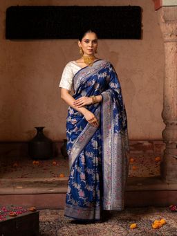 Zal from Benaras - Royal Blue Pure Katan Silk Banarasi Handloom Saree with Unstitched Blouse