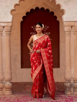 Zal from Benaras - Red Pure Sequins Border katan Silk Banarasi Handloom Saree with Unstitched Blouse