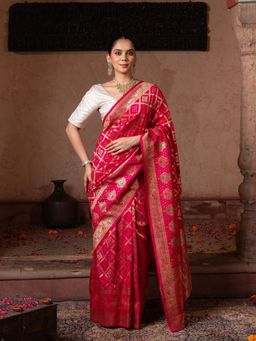 Zal from Benaras - Pink Pure Monga Silk Banarasi Ghatchola Handloom Saree with Unstitched Blouse