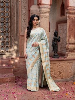 Zal from Benaras - Sky Blue Pure Monga Silk Banarasi Ghatchola Handloom Saree with Unstitched Blouse