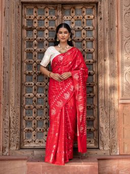 Zal from Benaras - Red Pure Silk Banarasi Handloom Saree with Unstitched Blouse