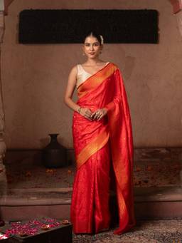 Zal from Benaras - Cherry Red Pure Katan Silk Banarasi Handloom Saree with Unstitched Blouse