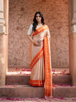 Zal from Benaras - Orange Pure Tissue Silk Banarasi Brocade Handloom Saree with Unstitched Blouse