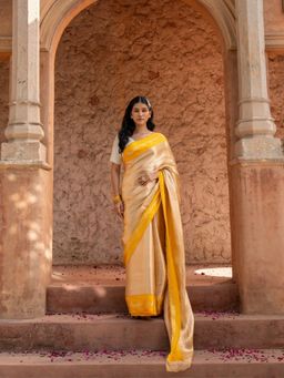 Zal from Benaras - Yellow Pure Tissue Silk Banarasi Brocade Handloom Saree with Unstitched Blouse