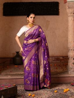 Zal from Benaras - Purple Pure Tissue Silk Banarasi Handloom Saree with Unstitched Blouse