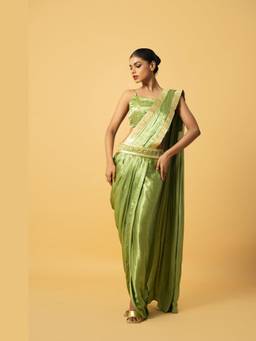 Quench A Thirst - Women Green Silk Embroidered Saree with Stitched Blouse