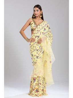 MEHAK MURPANA - Print Embroidered Pre Draped Yellow Saree with Stitched Blouse