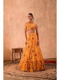 MEHAK MURPANA - Print Embroidered Halter Yellow Choli With Lehenga
