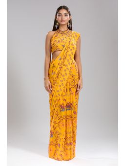 MEHAK MURPANA - Print Embroidered Halter Yellow Saree and Stitched Blouse