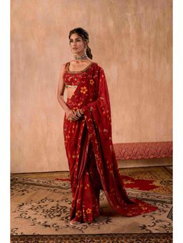 MEHAK MURPANA - Print Embroidered Red Pre-Draped Saree with Stitched Blouse