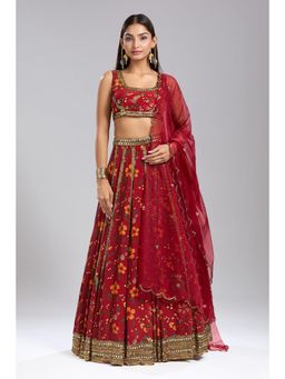 MEHAK MURPANA - Print Embroidered Red Choli With Lehenga And Dupatta