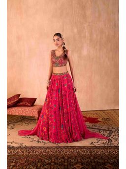 MEHAK MURPANA - Print Embroidered Pink Choli With Lehenga And Dupatta