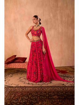 MEHAK MURPANA - Print Embroidered Pink Choli With Lehenga And Dupatta