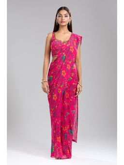 MEHAK MURPANA - Print Embroidered Pink Pre-Draped Saree with Stitched Blouse