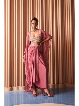 Rishi & Vibhuti - Karl Rust Blouse With Cape and Draped Skirt