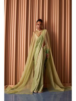 Rishi & Vibhuti - Shreen Green Saree With Stitched Blouse And Cape
