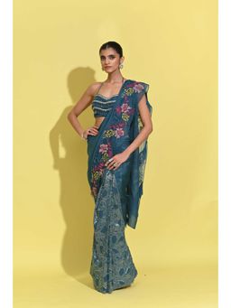 Rishi & Vibhuti - Whirl Blue Saree With Stitched Blouse