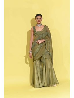Rishi & Vibhuti - Veronica Green Flared Pant Saree With Stitched Blouse
